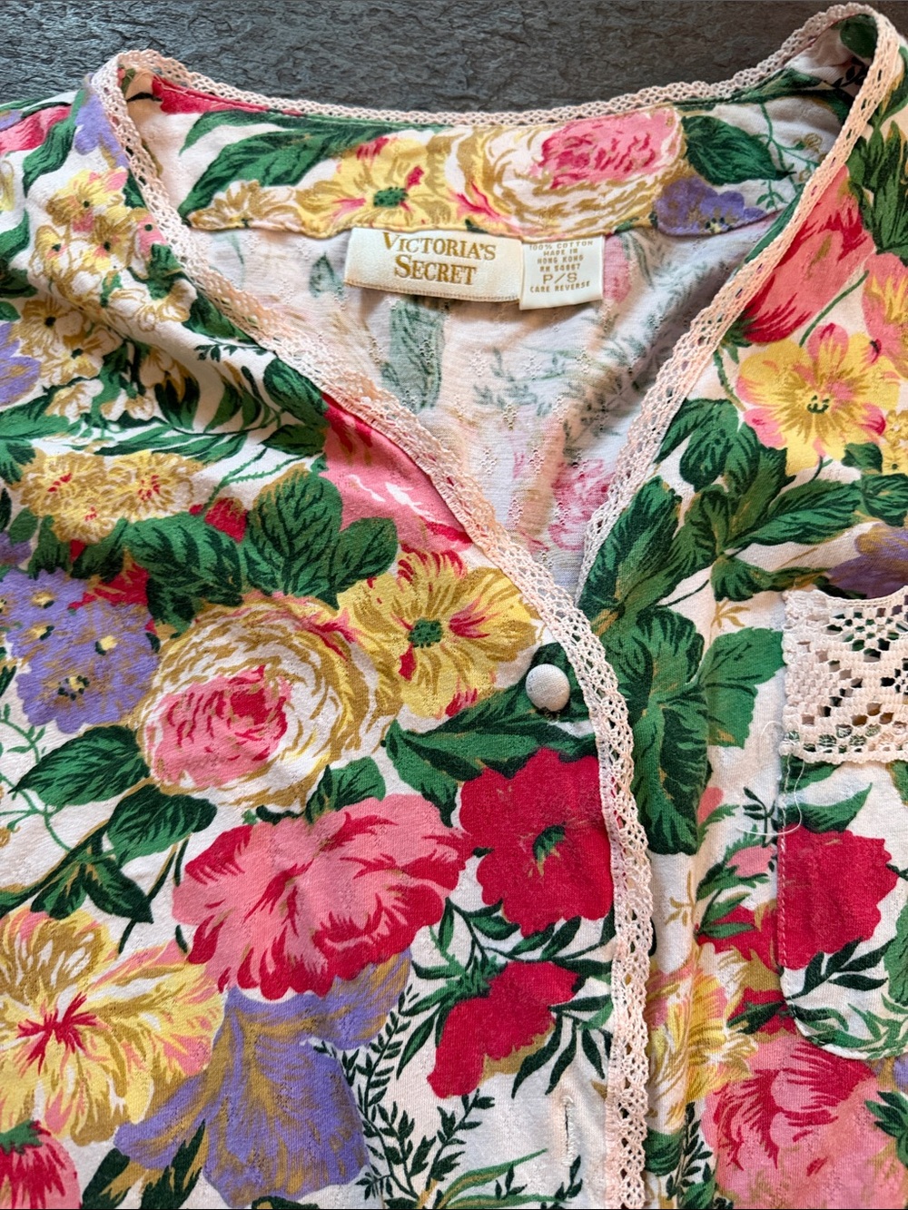 Victoria's Secret Gold Label 100 cotton Floral Lace-Trim Button-Up sleep shirt